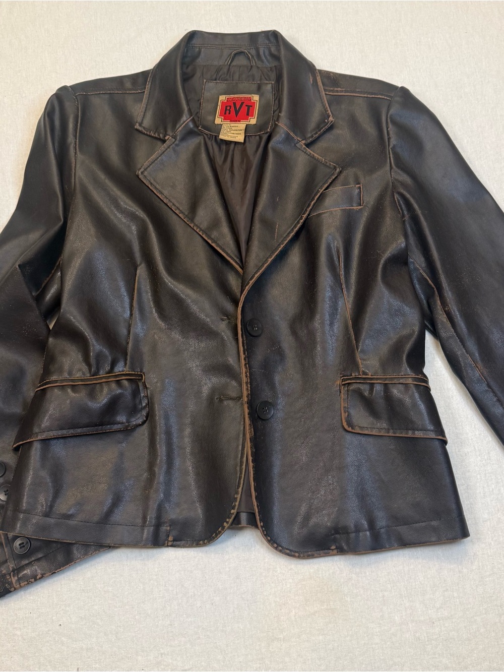 RVT Women's Dark Brown Leather Blazer with Contrast Stitching